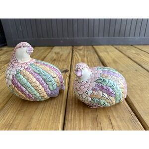 Vintage Toyo Pink Blue Gold Quail Partridge Birds Ceramic Porcelain Set Of 2